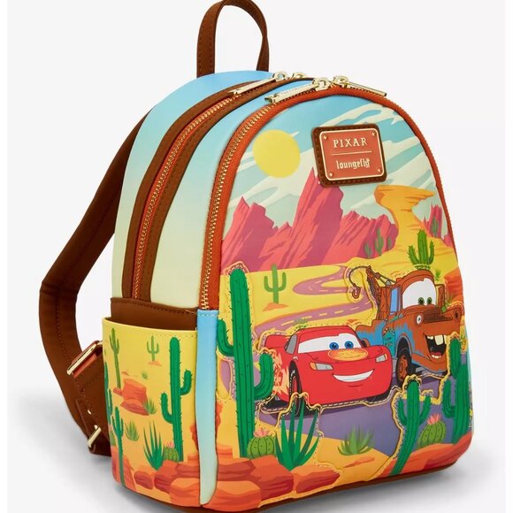 Loungefly Pixar Cars Lightning McQueen Tow Mater Desert Backpack and Wallet NWT - Picture 3 of 9